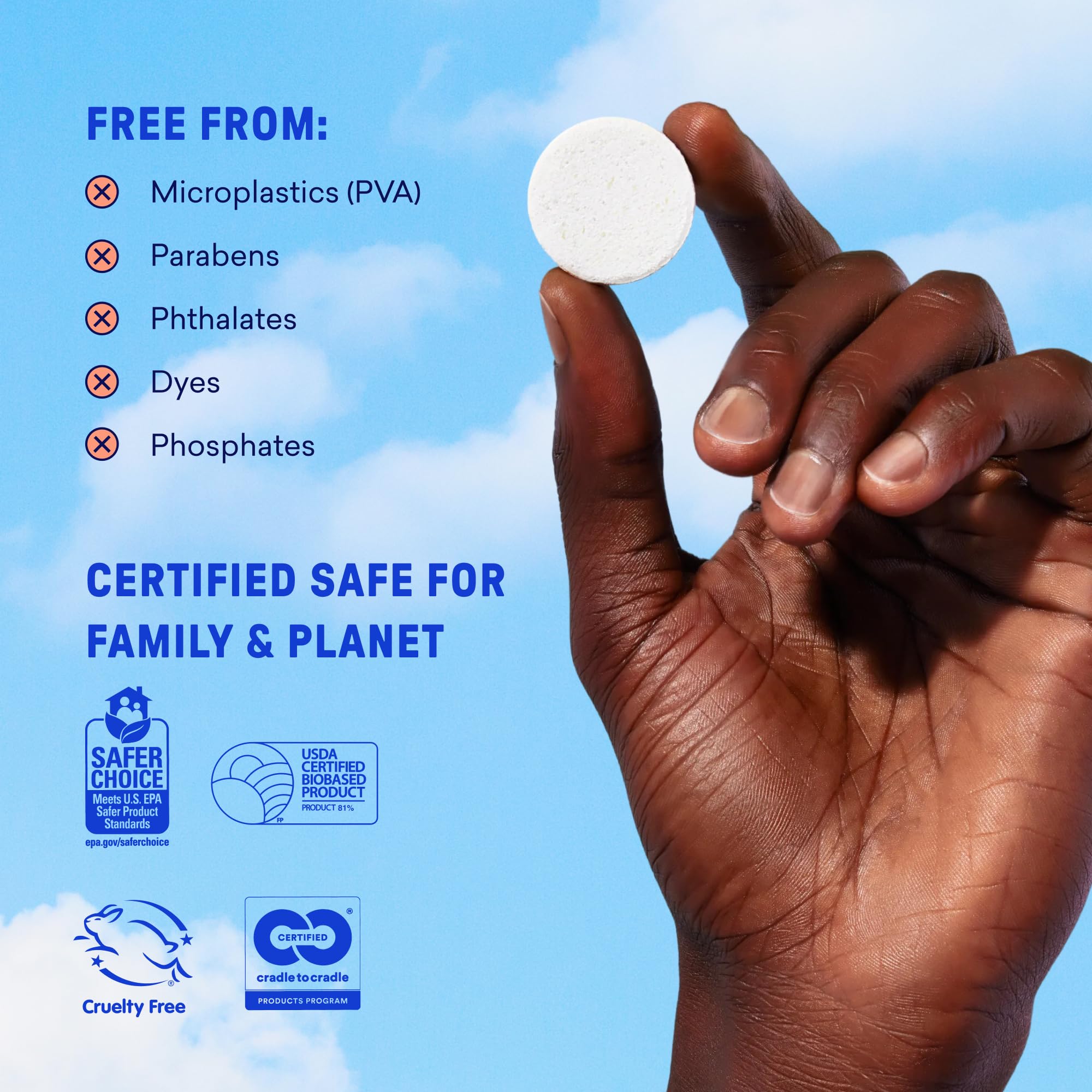 BLUELAND EPA Safer Choice and Cruelty-Free certifications shown