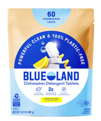 BLUELAND dishwasher tablets with Lemon Zest scent provide plastic-free, powerful cleanup.