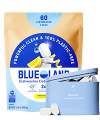 BLUELAND lemon zest tablets in packaging for eco-friendly dishwashing.