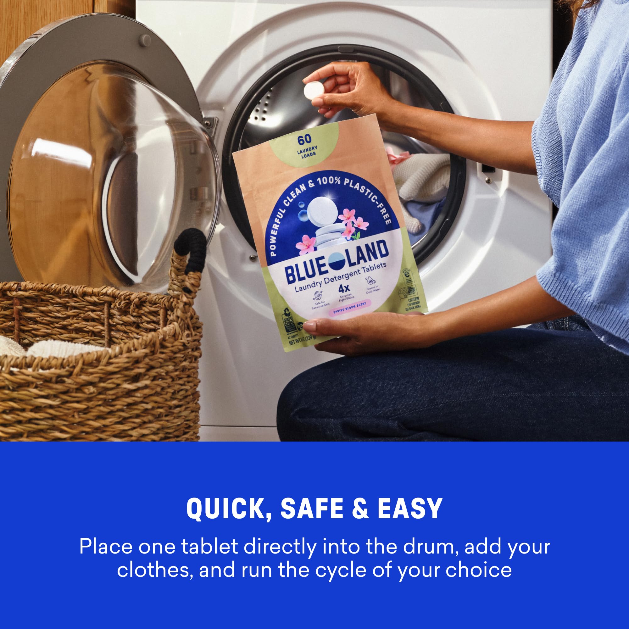 BLUELAND eco-friendly cleaning label on detergent tablets for sensitive skin