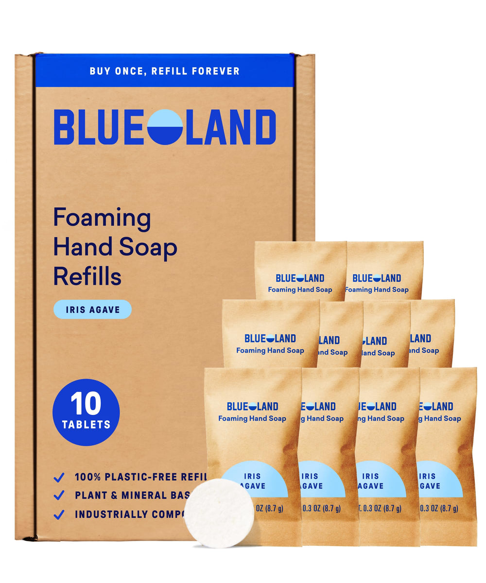 BLUELAND foaming hand soap refill tablet dissolving, convenient eco-friendly cleanup with minimal plastic waste.
