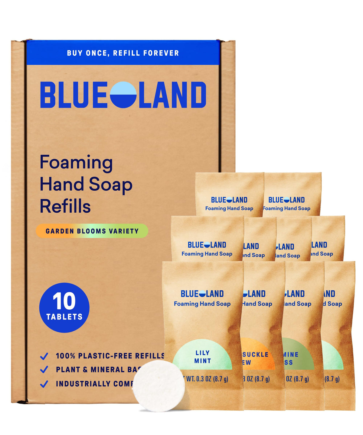 BLUELAND foaming hand soap tablet dissolving in water to create rich foam.