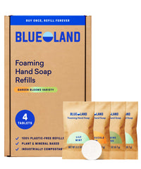 BLUELAND foaming hand soap refill tablet Lily Mint showing plastic-free format and scent