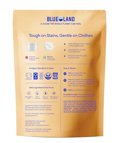 BLUELAND Oxi Laundry Booster powder scoop shows simple dosing for brighter whites and cleaner fabrics.
