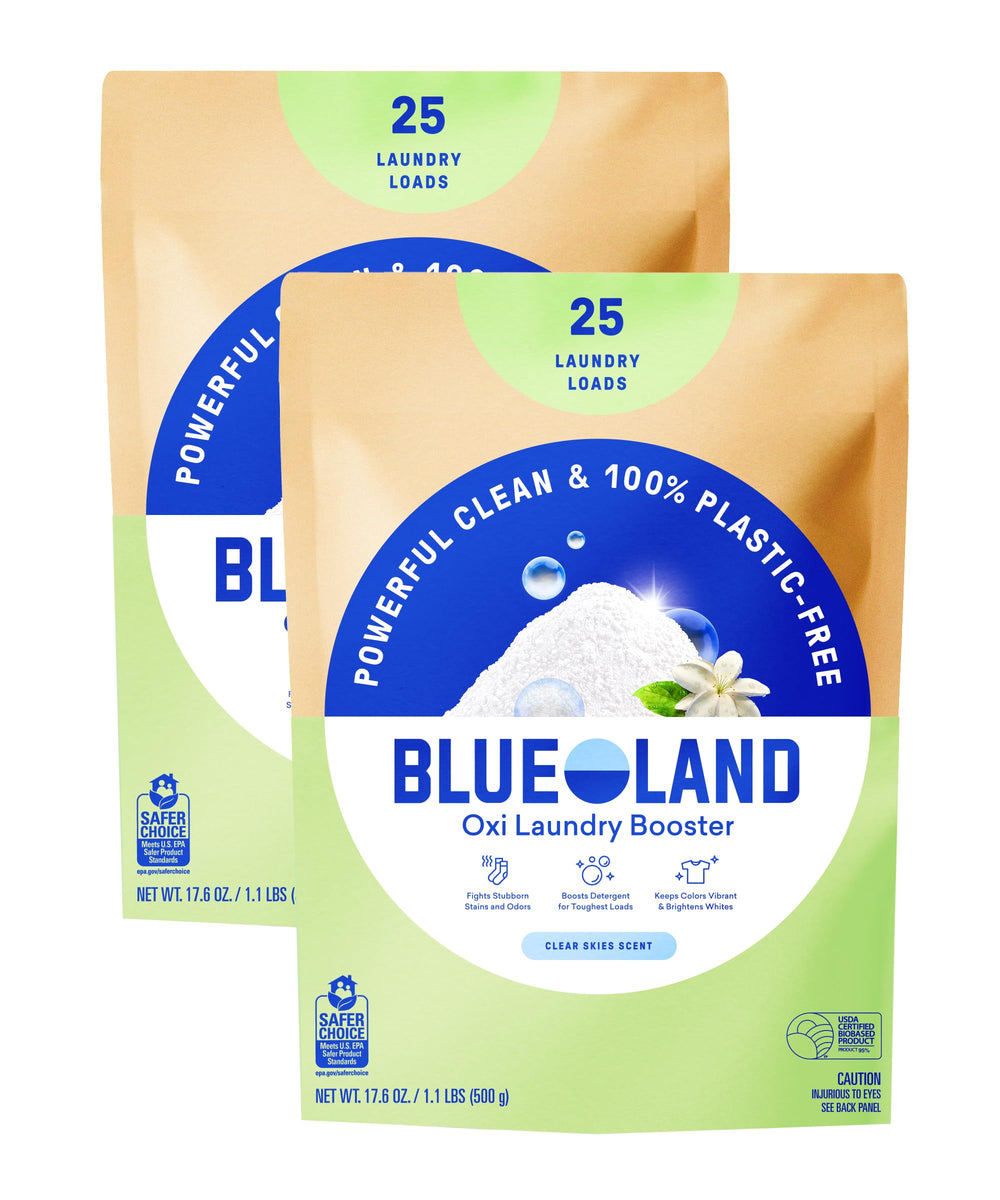 BLUELAND Oxi Laundry Booster refill 2-pack highlights plastic-free packaging and stain-fighting power.