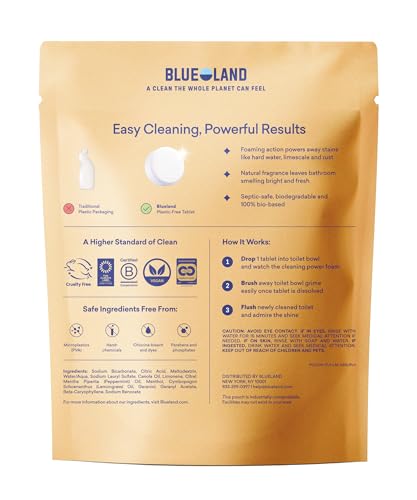 BLUELAND tablets dissolving in water with foaming action for tough stains