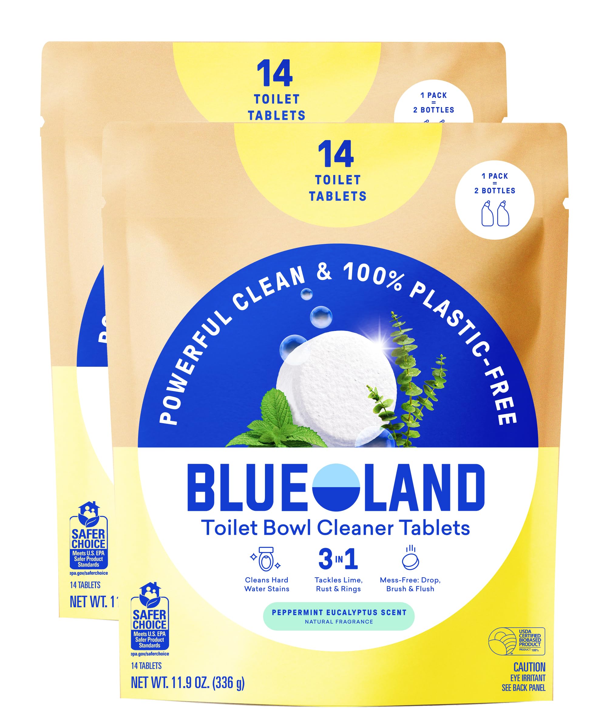 BLUELAND toilet cleaner tablets 2-pack dissolving in water for eco-friendly cleaning