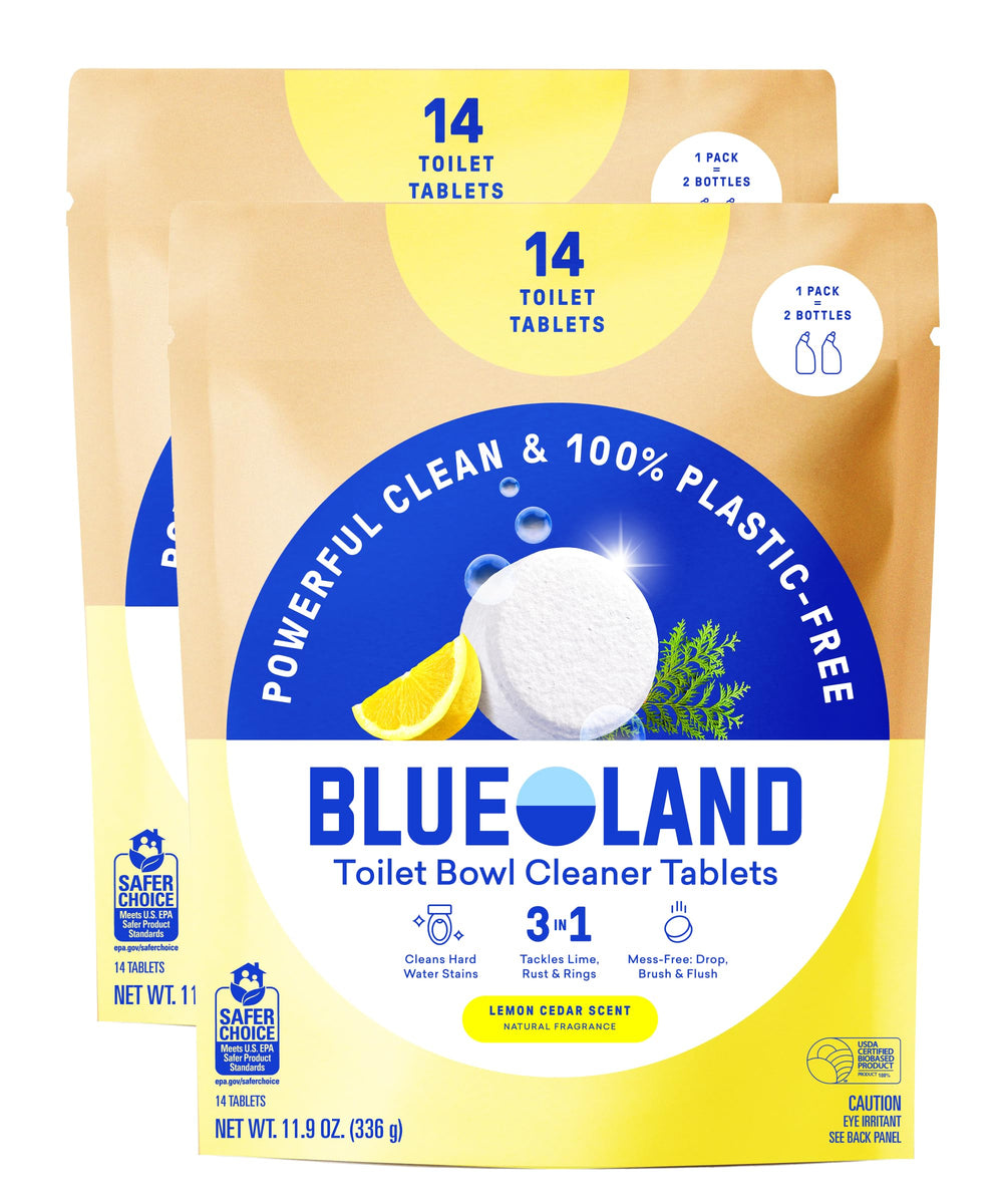 BLUELAND toilet bowl cleaner tablets in lemon cedar packaging for easy plastic-free cleaning