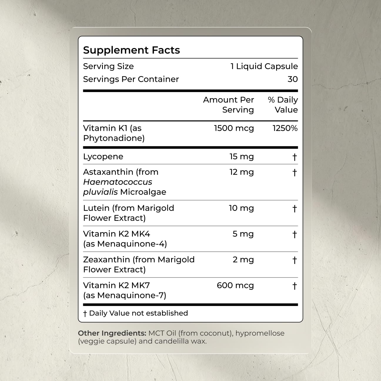 Ingredient icons for lutein, zeaxanthin, lycopene signaling eye and heart support