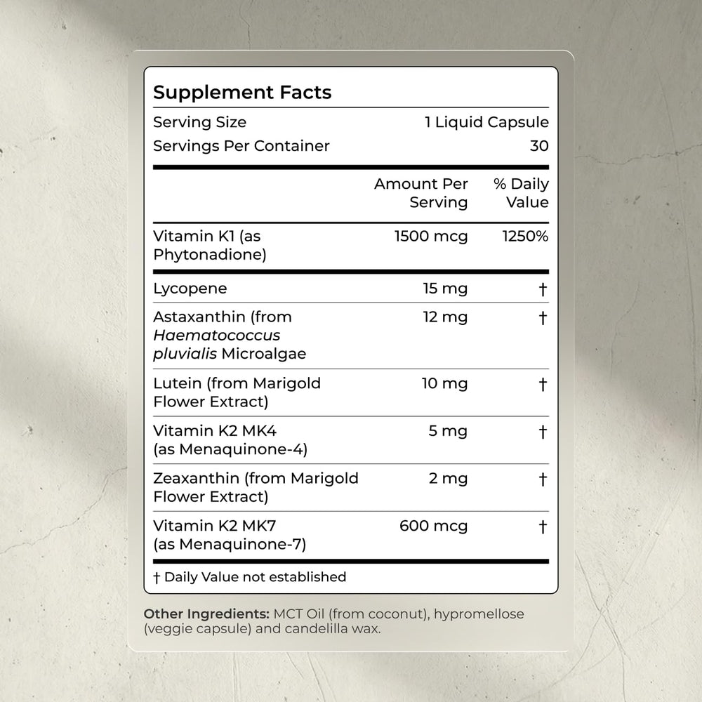 Ingredient icons for lutein, zeaxanthin, lycopene signaling eye and heart support