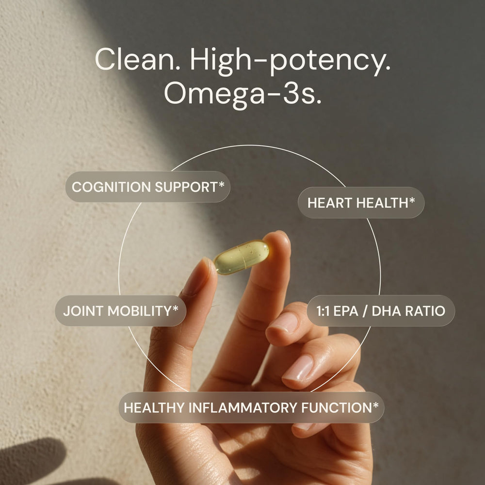Blueprint Bryan Johnson algae omega-3 capsules in bottle highlighting balanced EPA/DHA.