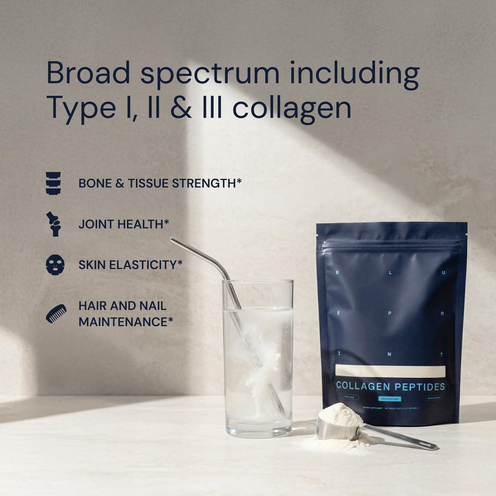 Collagen powder jar on kitchen counter with sugar-free, dairy-free attributes
