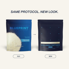 Scoop of Blueprint Bryan Johnson collagen powder beside measuring scoop for convenient daily use