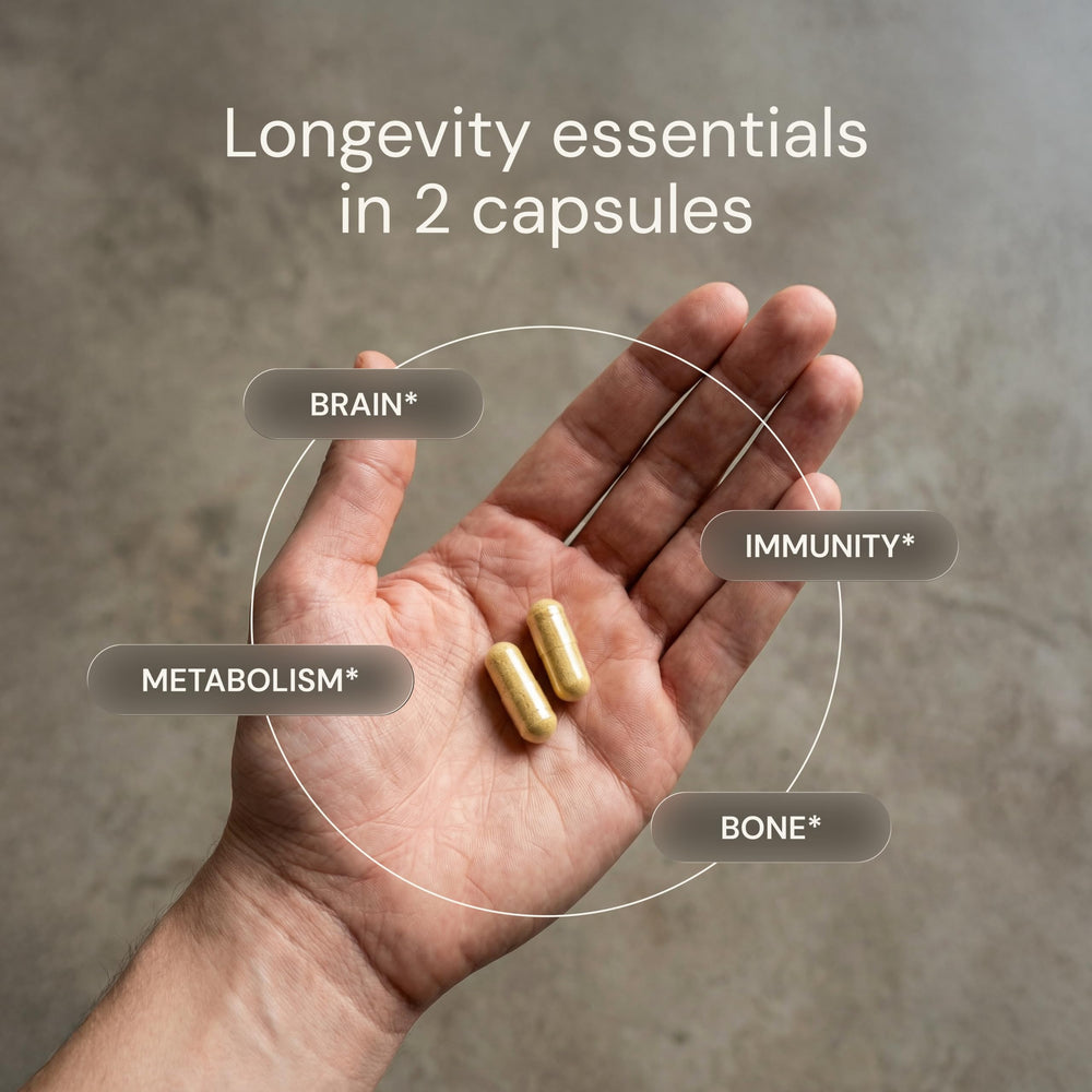 Blueprint Bryan Johnson Essential Capsules ingredients panel close-up highlighting calcium and vitamin D.