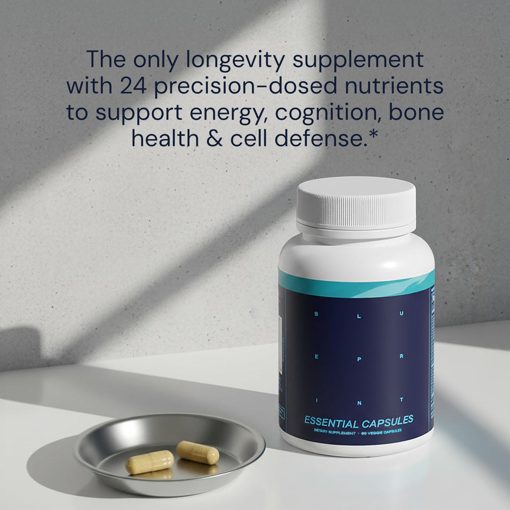Blueprint Bryan Johnson Essential Capsules bottle with glass of water suggesting daily use.