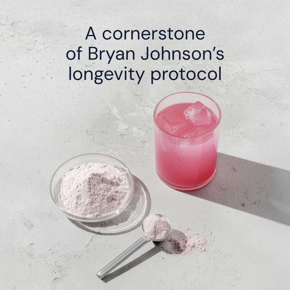 Blueprint Bryan Johnson Longevity Mix branding emphasizes calm focus and balanced mood.