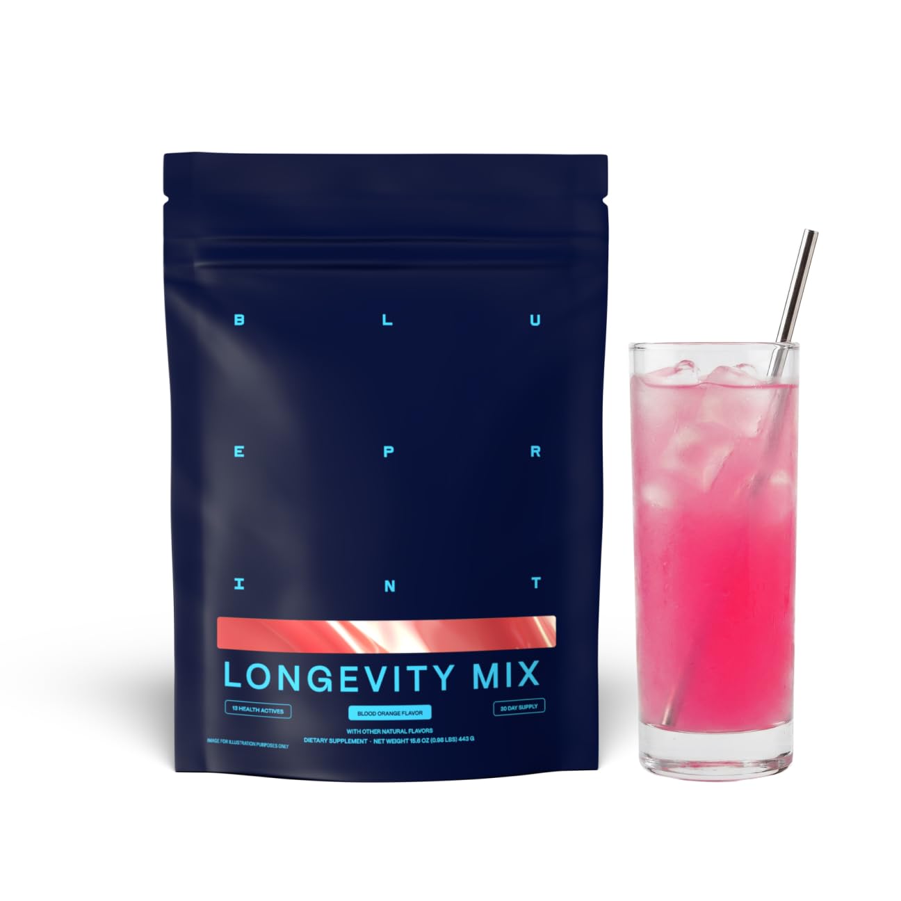 Blueprint Bryan Johnson Longevity Mix powder tub ready for daily use to support focus.