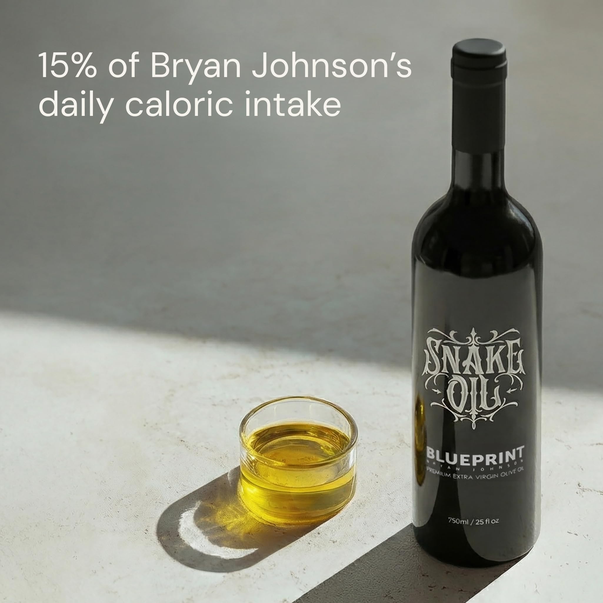 Blueprint Bryan Johnson Olive Oil hydroxytyrosol rich bottle signals high-quality EVOO for finishing
