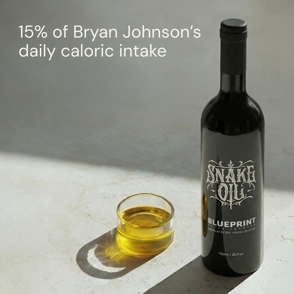 Blueprint Bryan Johnson Olive Oil hydroxytyrosol rich bottle signals high-quality EVOO for finishing