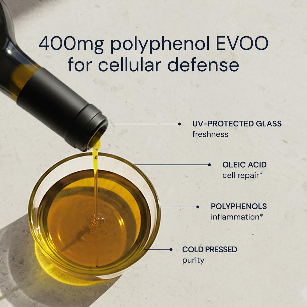 Blueprint Bryan Johnson Olive Oil polyphenol 400+ bottle emphasizes premium quality and flavor potential