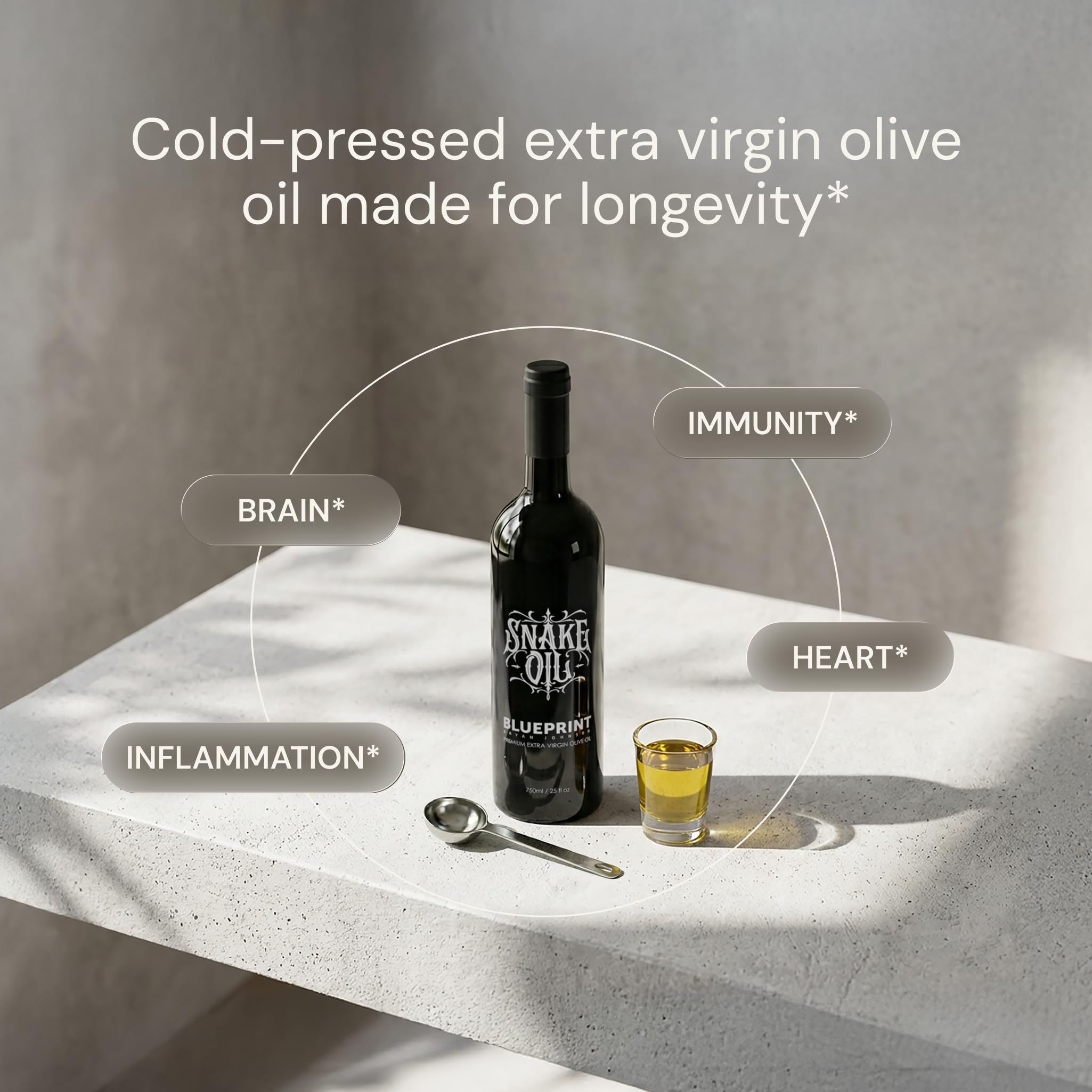 Blueprint Bryan Johnson Olive Oil unfiltered clarity bottle highlights texture and genuine taste