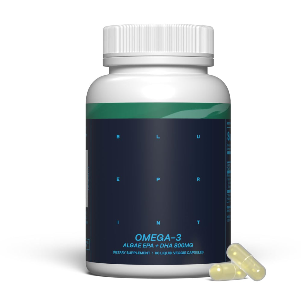 Blueprint Bryan Johnson vegan omega-3 bottle with algae EPA/DHA for daily brain and heart support.