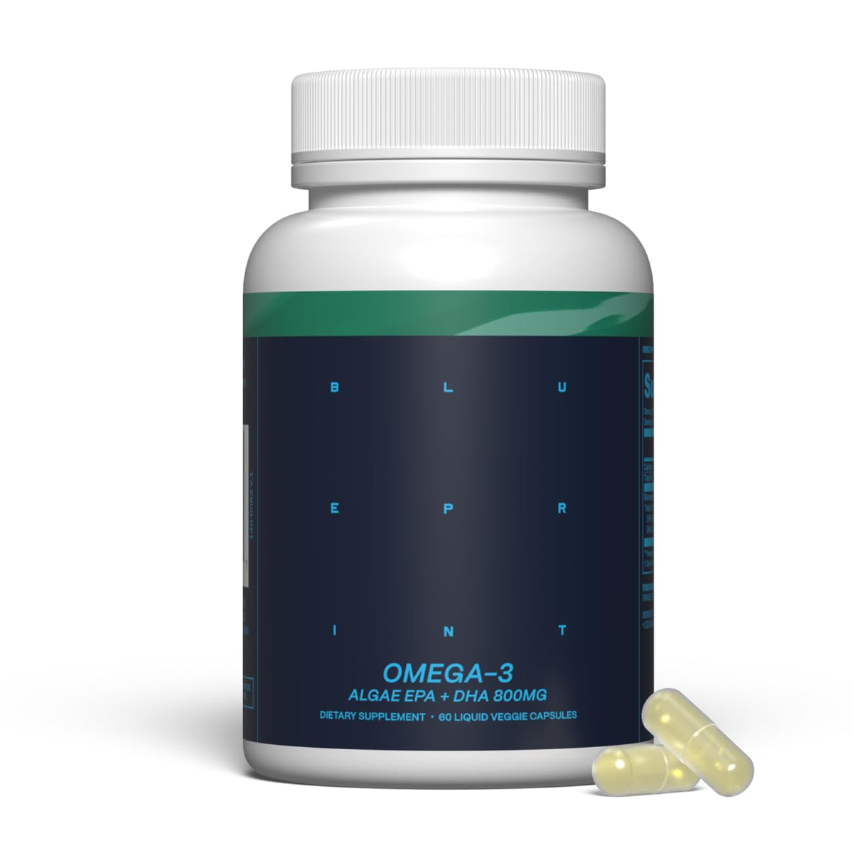 Blueprint Bryan Johnson vegan omega-3 bottle with algae EPA/DHA for daily brain and heart support.