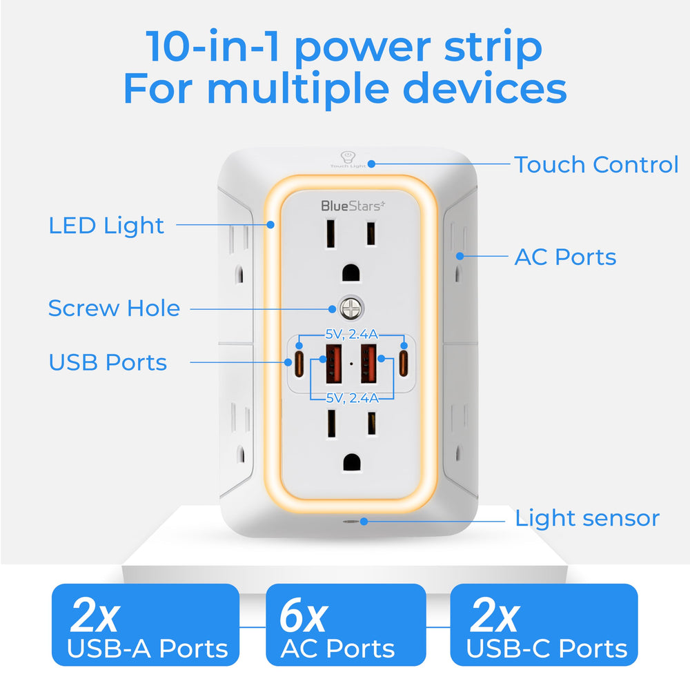 BlueStars wall-mount power strip side ports for accessible cable management.