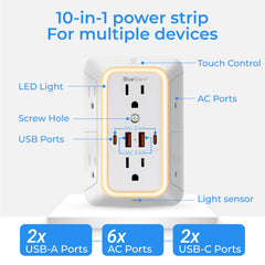 BlueStars wall-mount power strip side ports for accessible cable management.