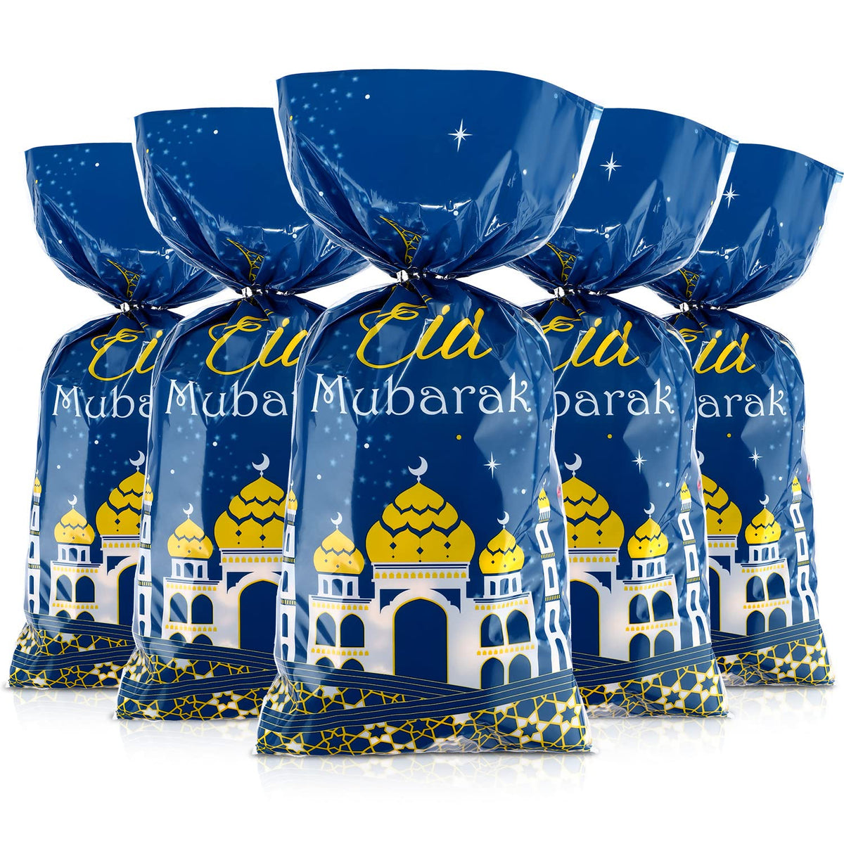 Blulu Eid Mubarak gift bags in blue and gold for elegant gifting.