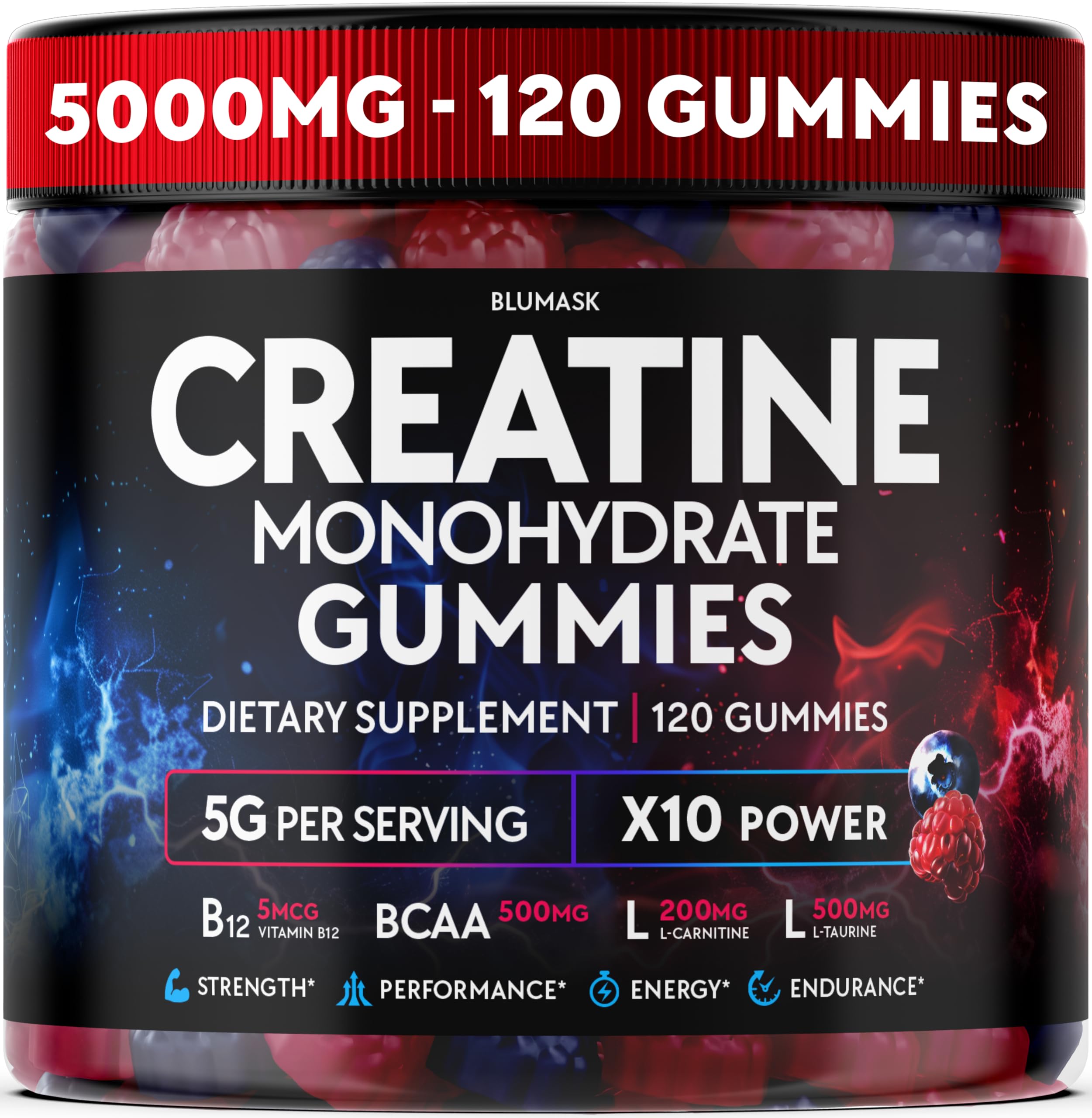 Blumask Lab Creatine Monohydrate Gummies bottle front for on the go preworkout support