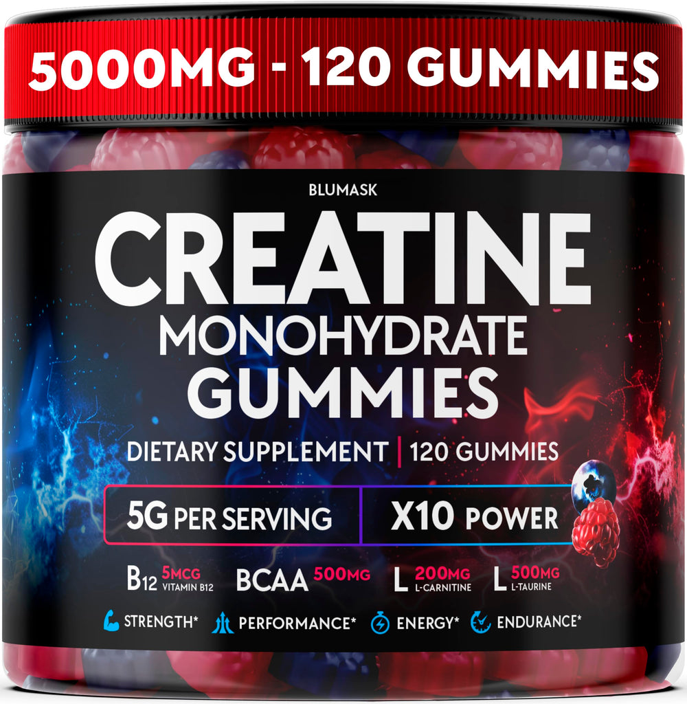 Blumask Lab Creatine Monohydrate Gummies bottle front for on the go preworkout support
