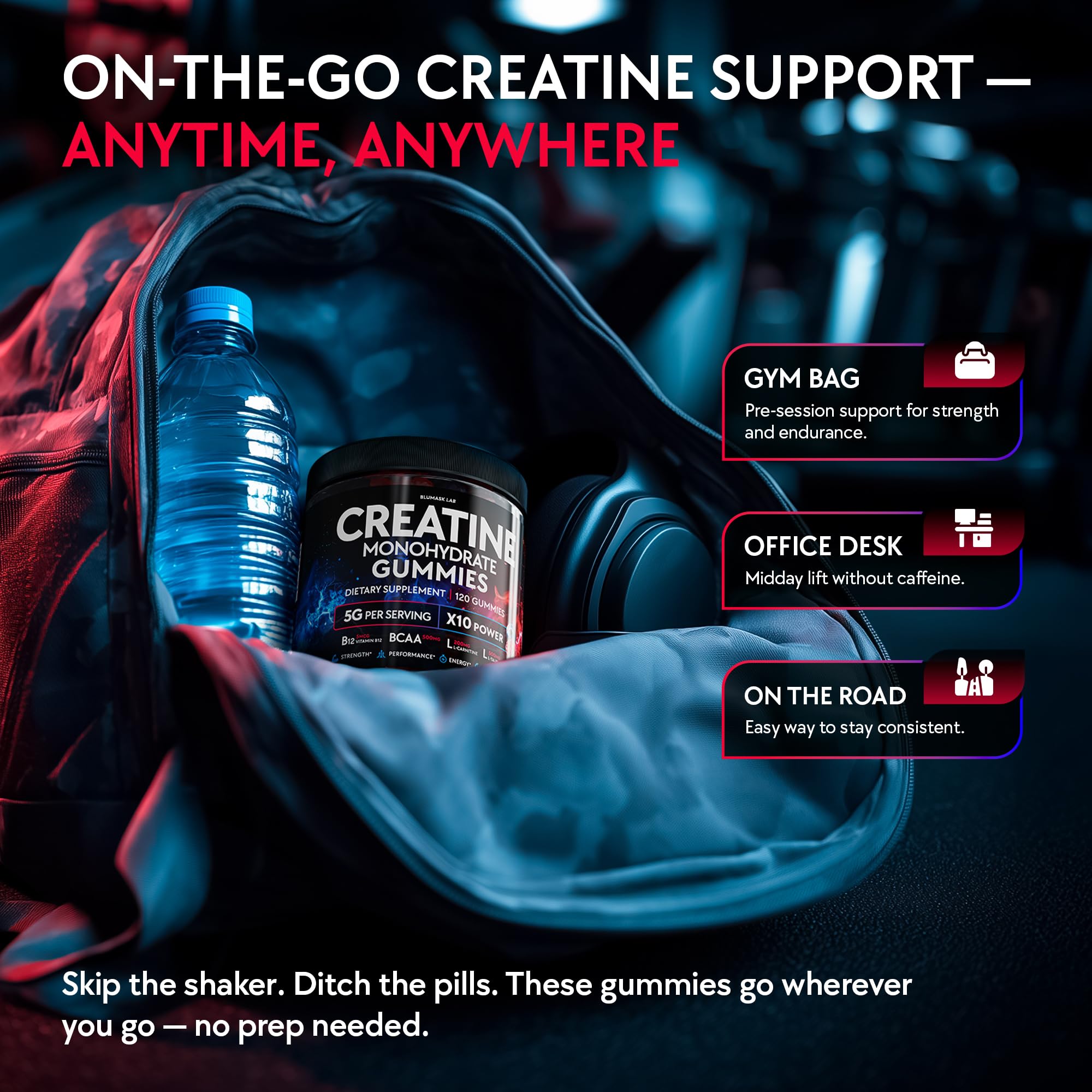 Blumask Lab ingredients panel highlights BCAA L‑Carnitine Taurine and B12 blend