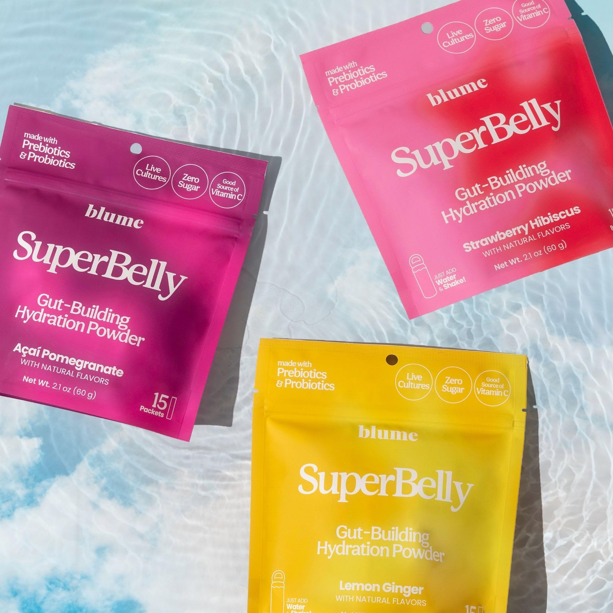Blume SuperBelly ingredients label highlighting probiotics and prebiotics