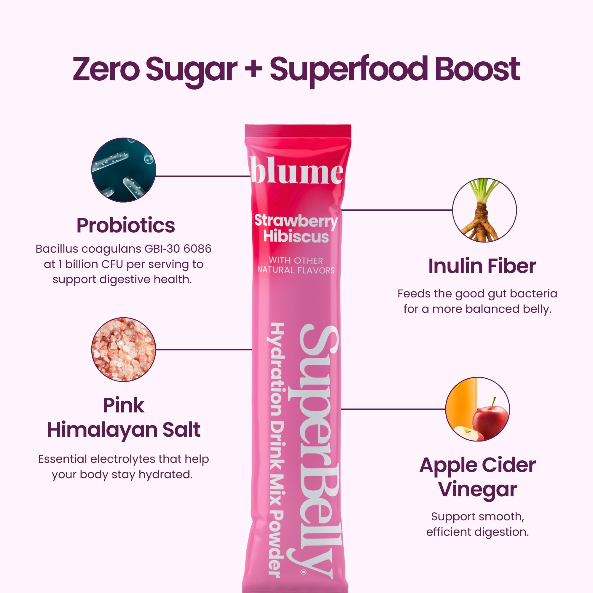 Blume SuperBelly probiotic bottle closeup showing BC30 and prebiotics