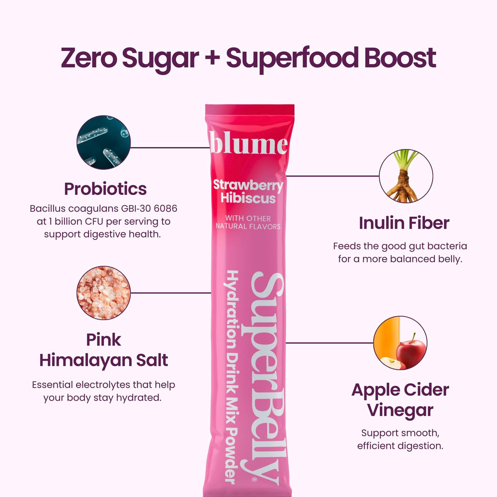 Blume SuperBelly probiotic bottle closeup showing BC30 and prebiotics