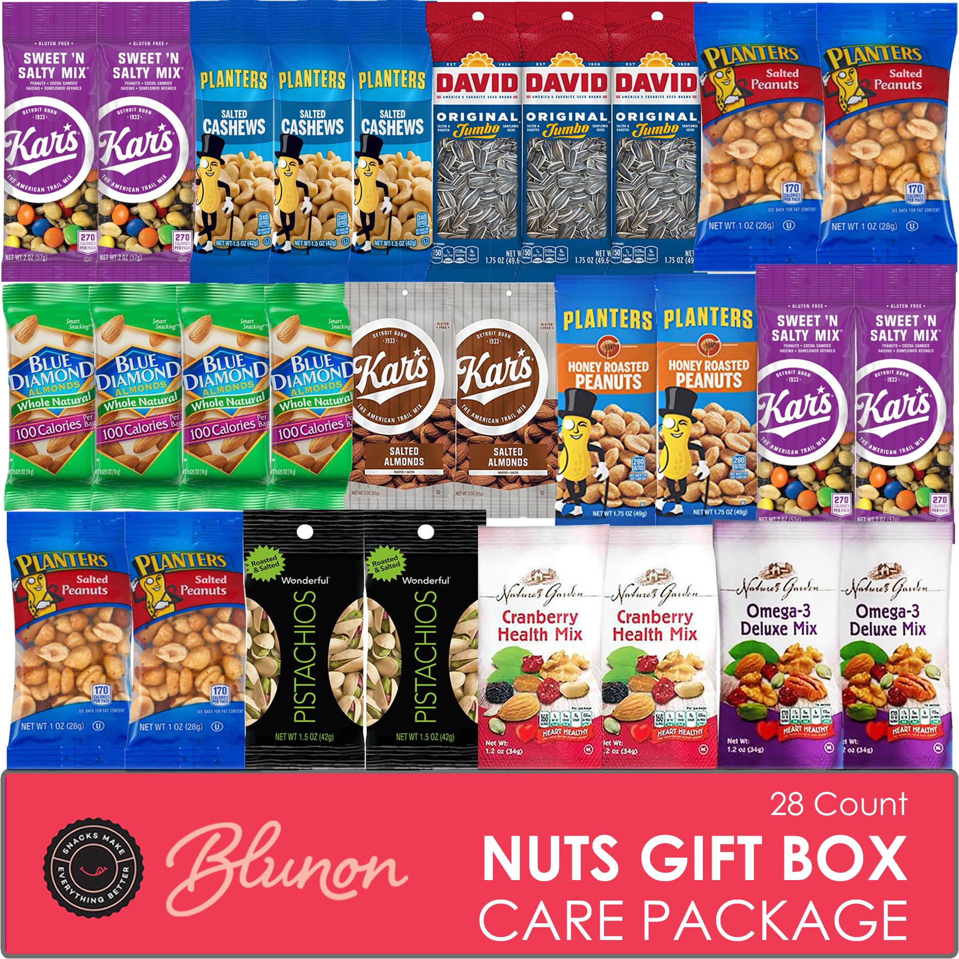 Blunon Nuts Snack Packs variety bundle with assorted nuts and trail mix for on-the-go snacking.