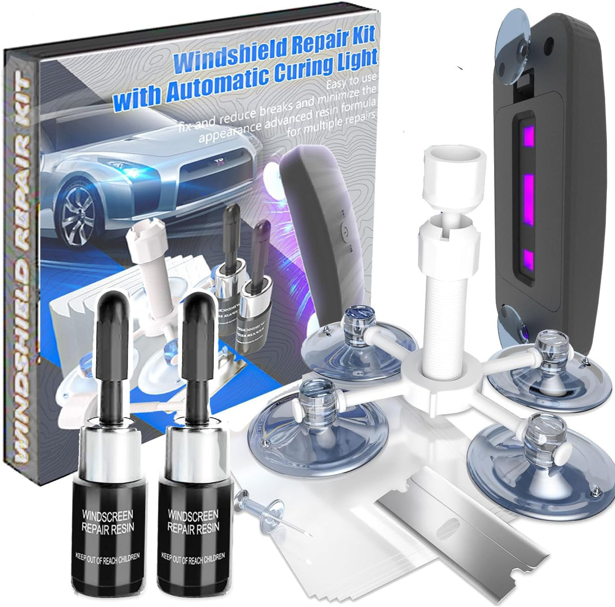 BLUTOKS windshield repair kit with suction cup creating an airtight seal for clear results