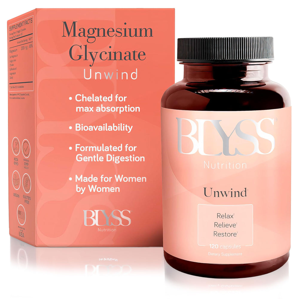 BLYSS Nutrition magnesium bisglycinate capsules bottle for calm evenings and restful sleep.