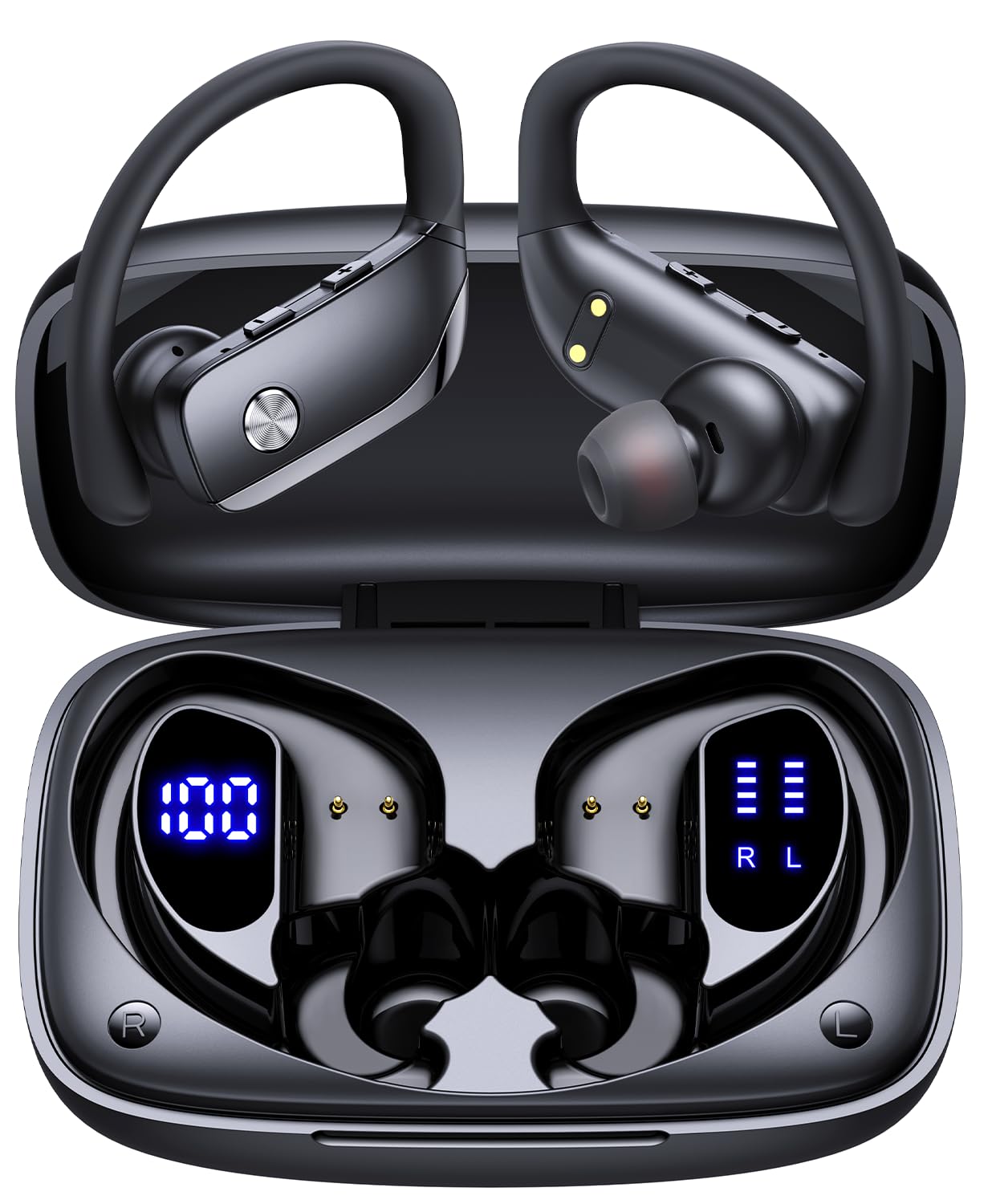 The bmani Ear Buds LED display case shows battery status for easy travel.