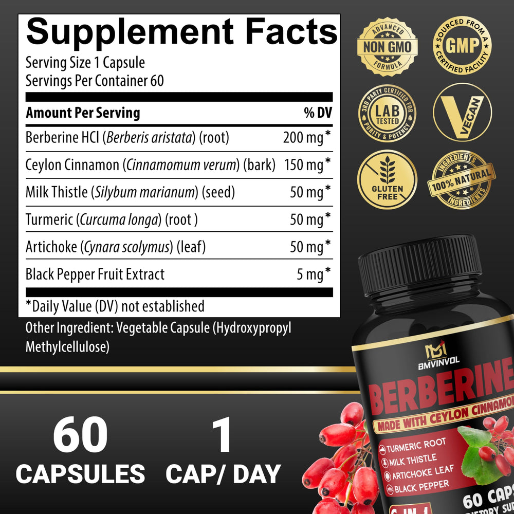 BMVINVOL Berberine capsules closeup highlighting easy-to-swallow design
