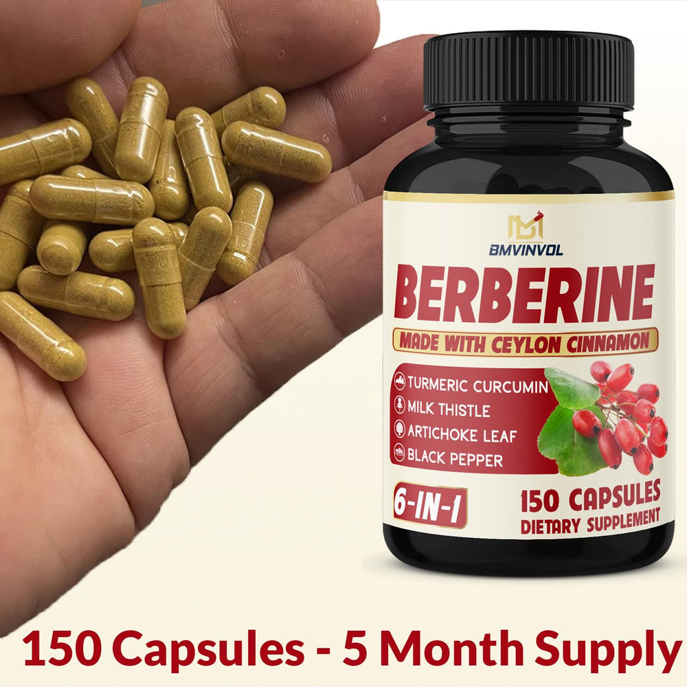Closeup of BMVINVOL berberine capsules showing easy swallow form