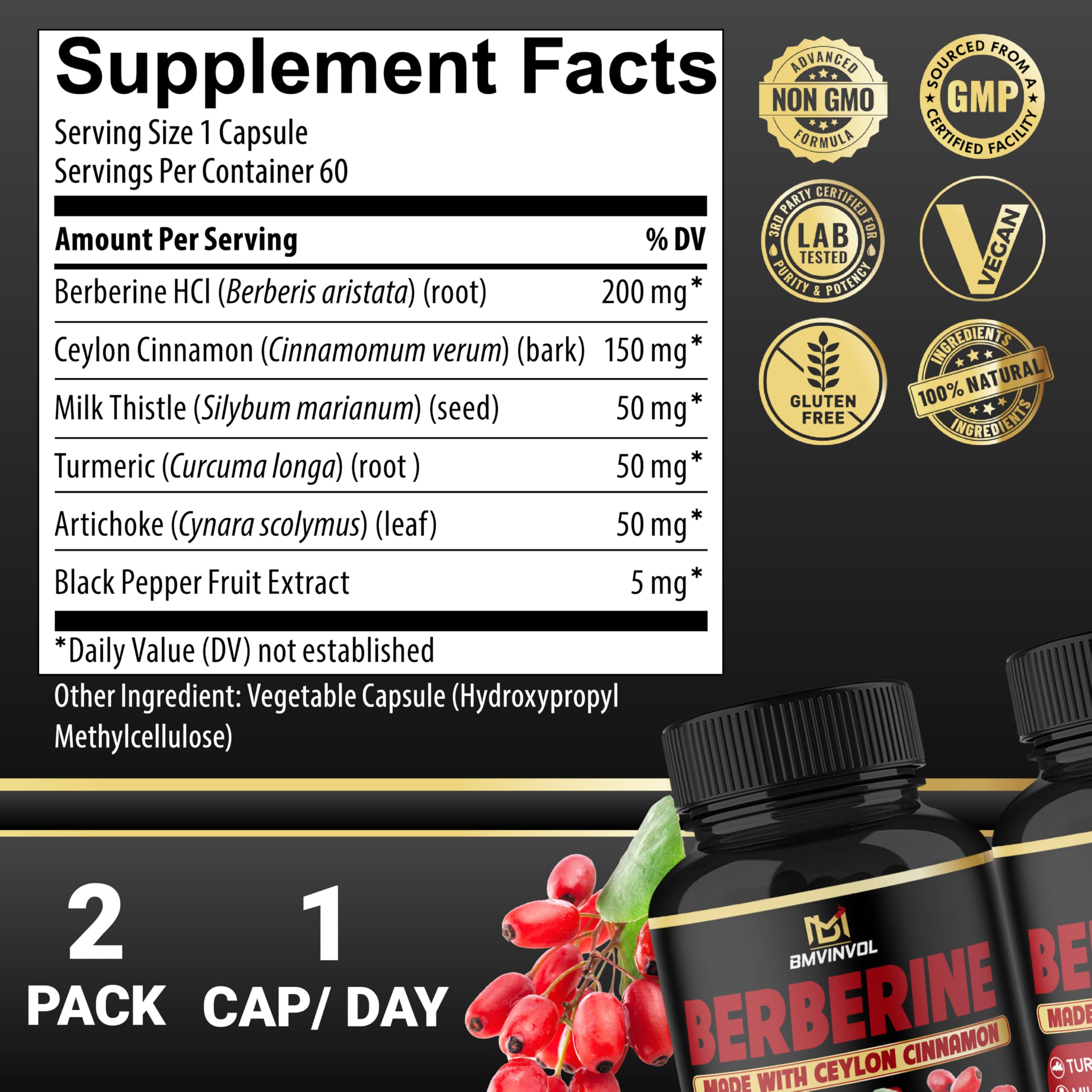 BMVINVOL berberine capsules with cinnamon and turmeric highlight natural wellness