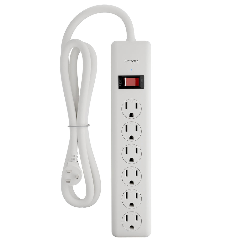 BN-LINK 6-outlet power strip front view with six outlets for organized device charging.