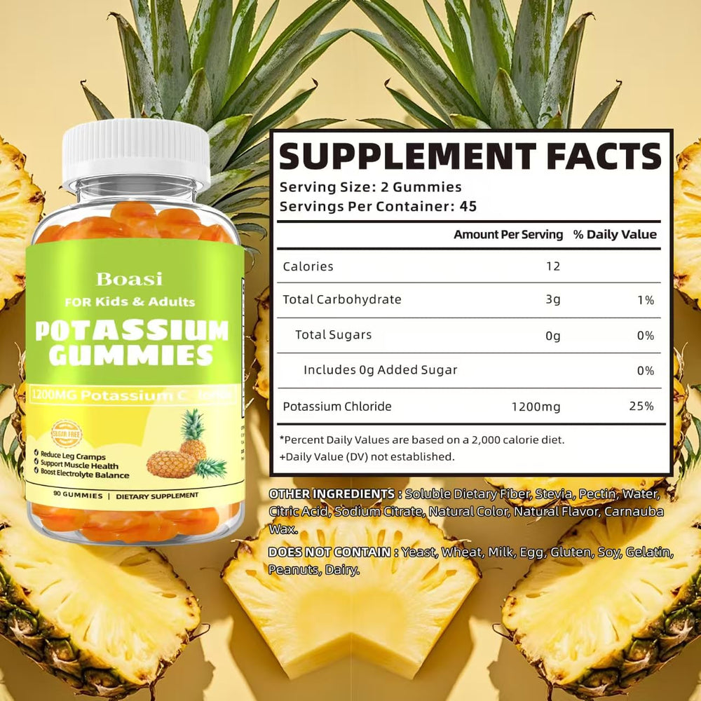 Boasi Potassium Chloride Gummies bottle closeup: 1200mg per serving for steady daily balance.