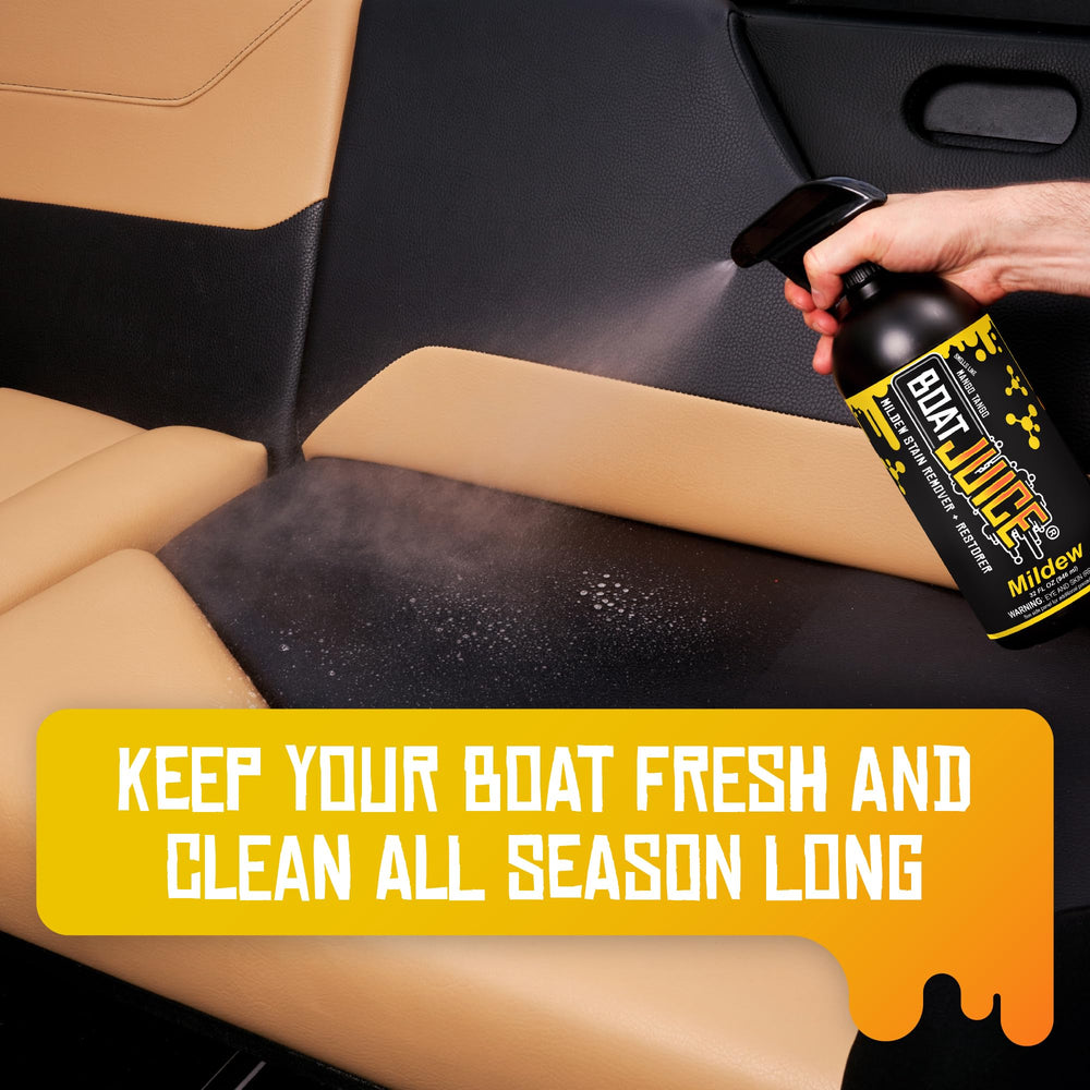 Boat Juice cleaning-tips image demonstrates easy spray-and-wipe method.