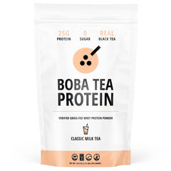 Boba Tea Protein Classic Milk Tea tub shows protein-packed powder for post-workout shakes