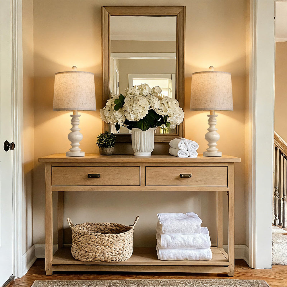 BOBOMOMO Tradition linen-washed shade provides warm ambiance when lit.