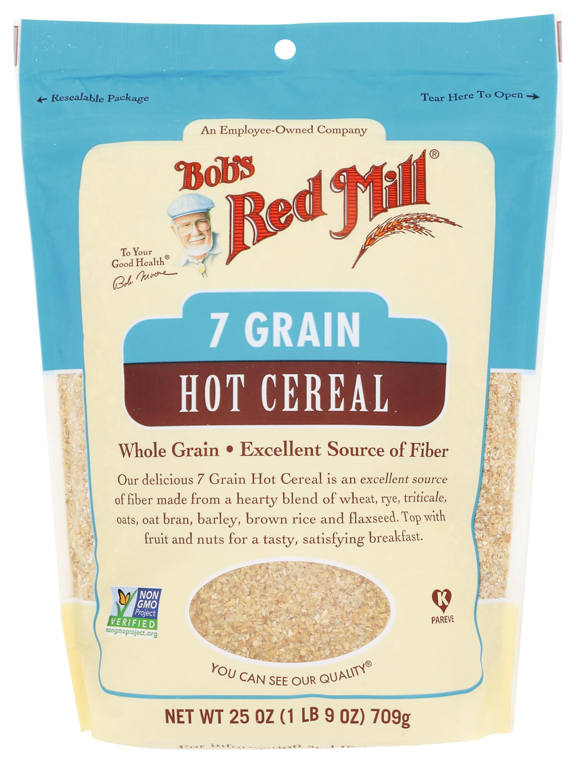 Bob's Red Mill 7 Grain Hot Cereal packaging highlights a fiber-rich multigrain breakfast option.