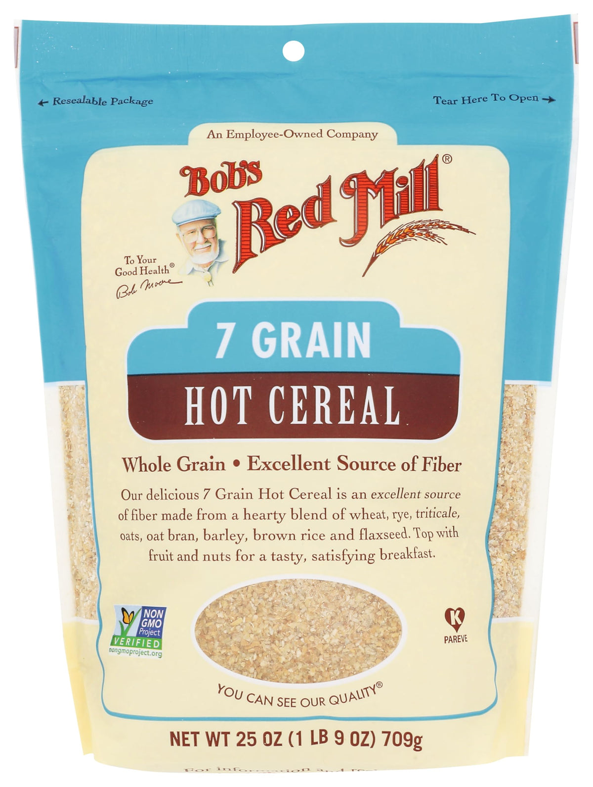 Bob's Red Mill 7 Grain Hot Cereal packaging highlights a fiber-rich multigrain breakfast option.